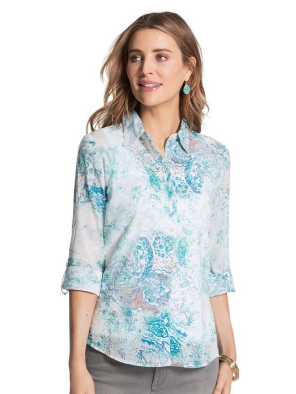 Chico's Paisley Print Eyelet Lace Back Button Down Shirt Size 1